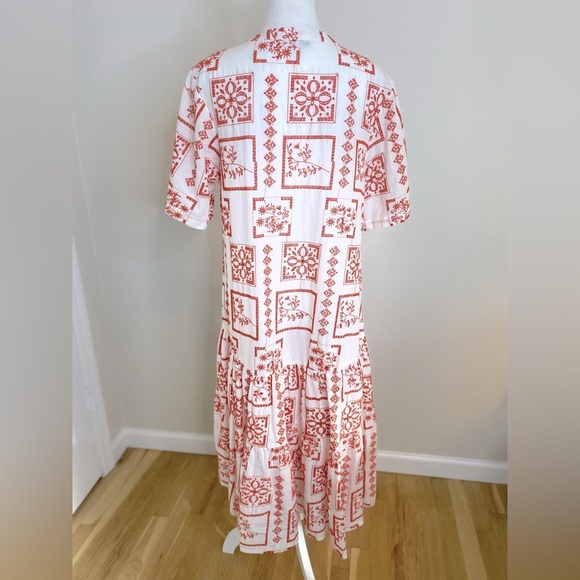 Poetry 100% Cotton Bohemian Patchwork White w Poppy Red Embroidery Midi Size 12 - Picture 5 of 9